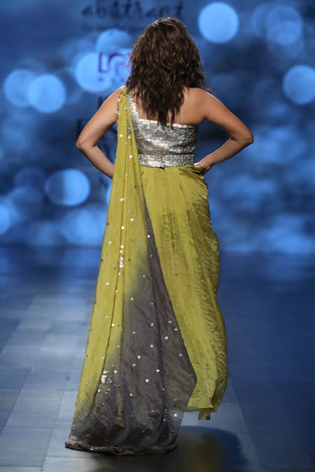 Shop_Abstract By Megha Jain Madaan_Green Tissue, Jersey, Cotton Sequins One Shoulder Draped Dress _at_Aza_Fashions