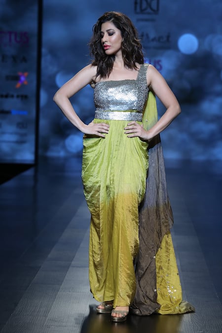 Shop_Abstract By Megha Jain Madaan_Green Tissue, Jersey, Cotton Sequins One Shoulder Draped Dress _Online_at_Aza_Fashions