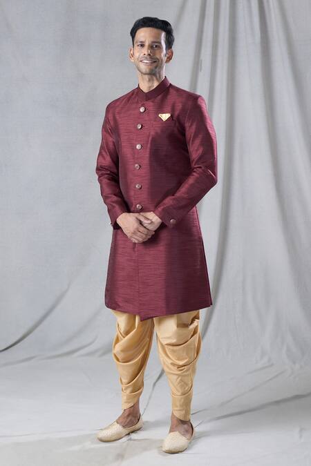 Buy_Arihant Rai Sinha_Maroon Silk Solid Sherwani And Dhoti Pant Set _Online_at_Aza_Fashions