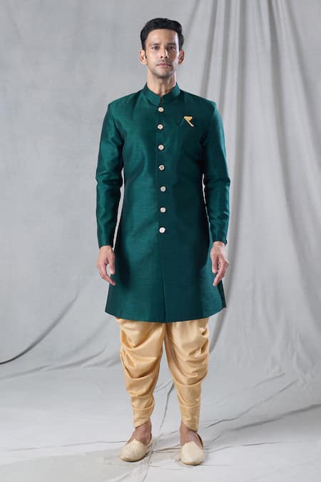 Arihant Rai Sinha_Green , Chanderi Solid Button Down Sherwani And Dhoti Pant Set _Online_at_Aza_Fashions