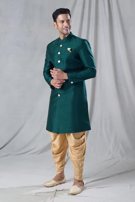Buy_Arihant Rai Sinha_Green , Chanderi Solid Button Down Sherwani And Dhoti Pant Set _Online_at_Aza_Fashions