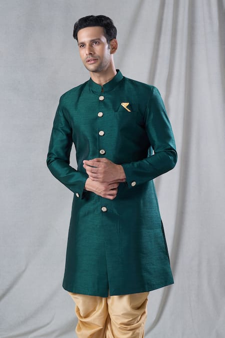 Shop_Arihant Rai Sinha_Green , Chanderi Solid Button Down Sherwani And Dhoti Pant Set _Online_at_Aza_Fashions
