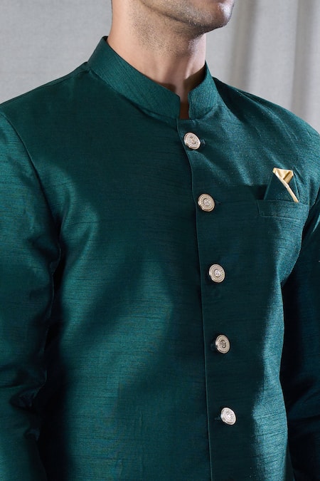 Arihant Rai Sinha_Green , Chanderi Solid Button Down Sherwani And Dhoti Pant Set _at_Aza_Fashions