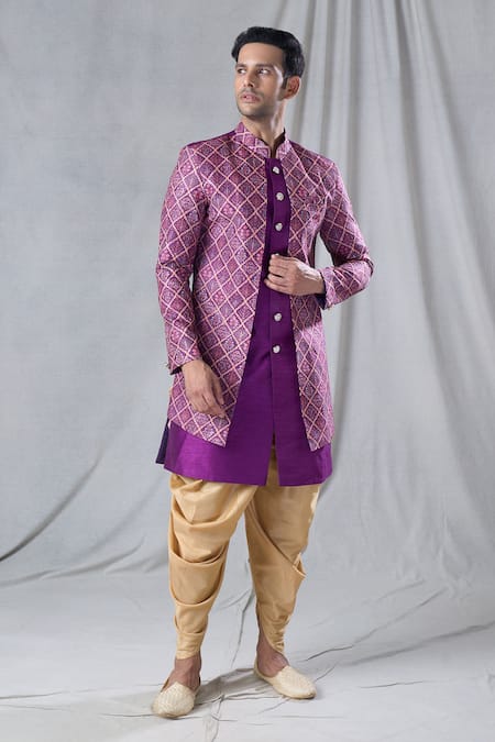 Arihant Rai Sinha Purple Attached Jacket Soft Cotton Embroidered Sequin Kurta And Dhoti Pant Set 