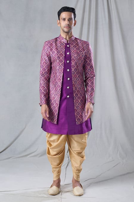 Arihant Rai Sinha_Purple Silk, Cotton Sequins Embroidered Jacket Kurta And Dhoti Pant Set _Online_at_Aza_Fashions