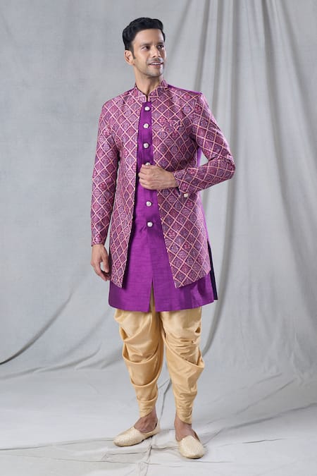 Buy_Arihant Rai Sinha_Purple Silk, Cotton Sequins Embroidered Jacket Kurta And Dhoti Pant Set _Online_at_Aza_Fashions