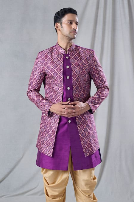 Shop_Arihant Rai Sinha_Purple Silk, Cotton Sequins Embroidered Jacket Kurta And Dhoti Pant Set _Online_at_Aza_Fashions
