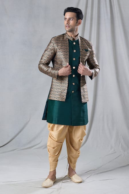 Arihant Rai Sinha Green Attached Jacket Jacquard Mughal Pattern Kurta And Dhoti Pant Set