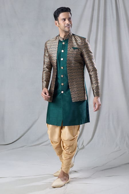 Arihant Rai Sinha_Green Silk, Jacquard Mughal Pattern Jacket Kurta And Dhoti Pant Set _Online_at_Aza_Fashions