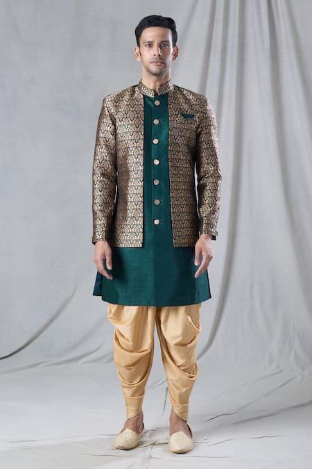 Buy_Arihant Rai Sinha_Green Silk, Jacquard Mughal Pattern Jacket Kurta And Dhoti Pant Set _Online_at_Aza_Fashions