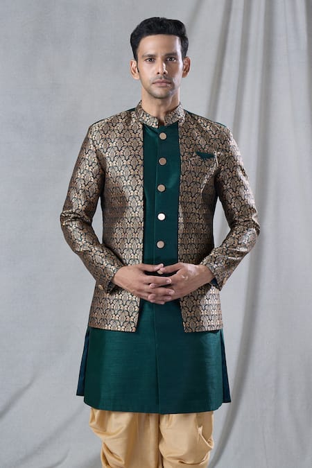 Shop_Arihant Rai Sinha_Green Silk, Jacquard Mughal Pattern Jacket Kurta And Dhoti Pant Set _Online_at_Aza_Fashions