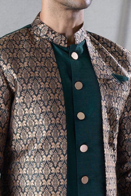 Arihant Rai Sinha_Green Silk, Jacquard Mughal Pattern Jacket Kurta And Dhoti Pant Set _at_Aza_Fashions