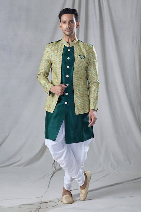 Arihant Rai Sinha Green Attached Jacket Soft Mughal Geometric Pattern Kurta And Dhoti Pant Set