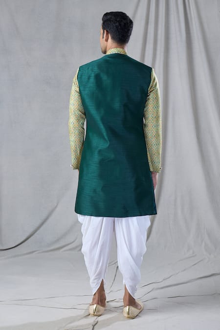 Shop Arihant Rai Sinha Green Silk, Cotton Mughal Geometric Pattern Jacket Kurta And Dhoti Pant Set at Aza Fashions Shop_Arihant Rai Sinha_Green Silk, Cotton Mughal Geometric Pattern Jacket Kurta And Dhoti Pant Set _at_Aza_Fashions