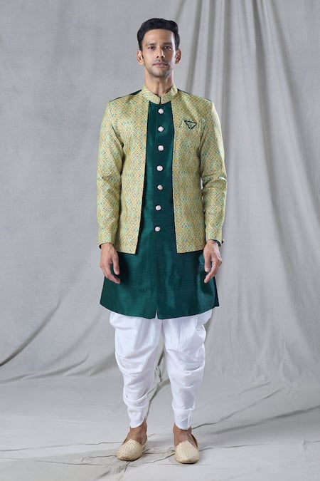 Arihant Rai Sinha Green Silk, Cotton Mughal Geometric Pattern Jacket Kurta And Dhoti Pant Set Online at Aza Fashions Arihant Rai Sinha_Green Silk, Cotton Mughal Geometric Pattern Jacket Kurta And Dhoti Pant Set _Online_at_Aza_Fashions