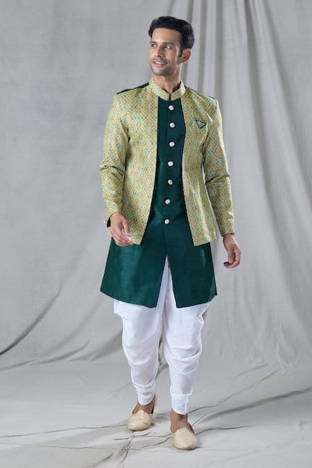 Buy Arihant Rai Sinha Green Silk, Cotton Mughal Geometric Pattern Jacket Kurta And Dhoti Pant Set Online at Aza Fashions Buy_Arihant Rai Sinha_Green Silk, Cotton Mughal Geometric Pattern Jacket Kurta And Dhoti Pant Set _Online_at_Aza_Fashions