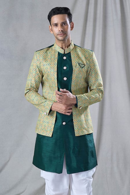Shop Arihant Rai Sinha Green Silk, Cotton Mughal Geometric Pattern Jacket Kurta And Dhoti Pant Set Online at Aza Fashions Shop_Arihant Rai Sinha_Green Silk, Cotton Mughal Geometric Pattern Jacket Kurta And Dhoti Pant Set _Online_at_Aza_Fashions