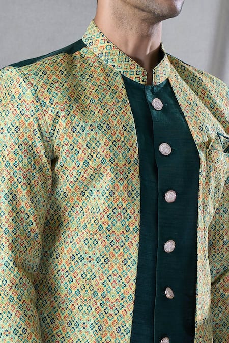 Arihant Rai Sinha Green Silk, Cotton Mughal Geometric Pattern Jacket Kurta And Dhoti Pant Set at Aza Fashions Arihant Rai Sinha_Green Silk, Cotton Mughal Geometric Pattern Jacket Kurta And Dhoti Pant Set _at_Aza_Fashions
