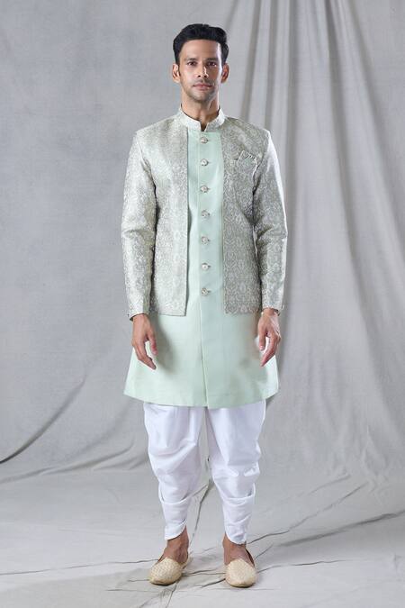 Arihant Rai Sinha_Green Silk, Jacquard Mughal Floral Pattern Jacket Kurta And Dhoti Pant Set _Online_at_Aza_Fashions