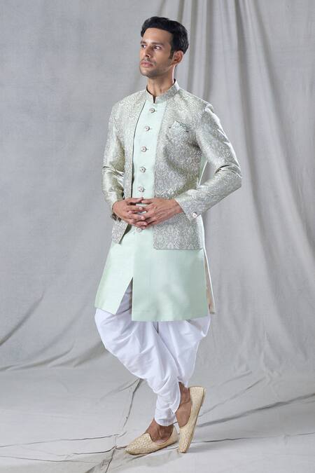 Buy_Arihant Rai Sinha_Green Silk, Jacquard Mughal Floral Pattern Jacket Kurta And Dhoti Pant Set _Online_at_Aza_Fashions