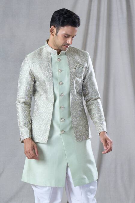 Shop_Arihant Rai Sinha_Green Silk, Jacquard Mughal Floral Pattern Jacket Kurta And Dhoti Pant Set _Online_at_Aza_Fashions
