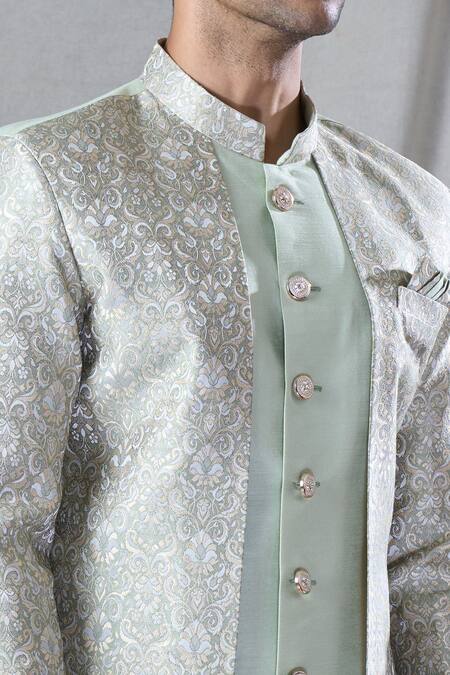Arihant Rai Sinha_Green Silk, Jacquard Mughal Floral Pattern Jacket Kurta And Dhoti Pant Set _at_Aza_Fashions