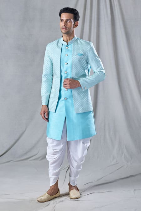 Arihant Rai Sinha Blue Attached Jacket Jacquard Geometric Pattern Kurta And Dhoti Pant Set 