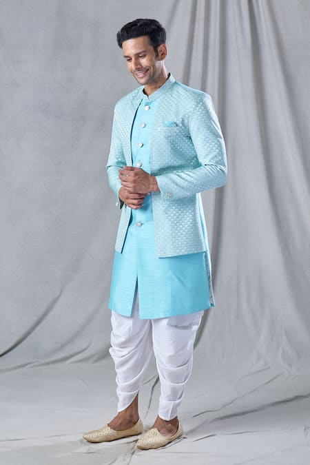Buy_Arihant Rai Sinha_Blue Silk, Jacquard Embroidery Geometric Pattern Jacket Kurta And Dhoti Pant Set _Online_at_Aza_Fashions