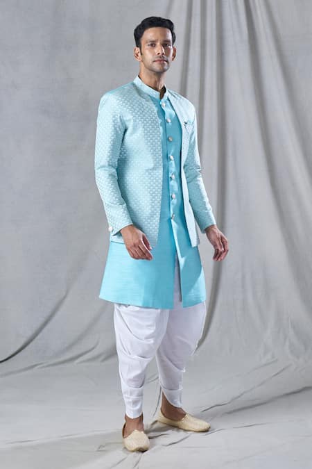 Shop_Arihant Rai Sinha_Blue Silk, Jacquard Embroidery Geometric Pattern Jacket Kurta And Dhoti Pant Set _Online_at_Aza_Fashions