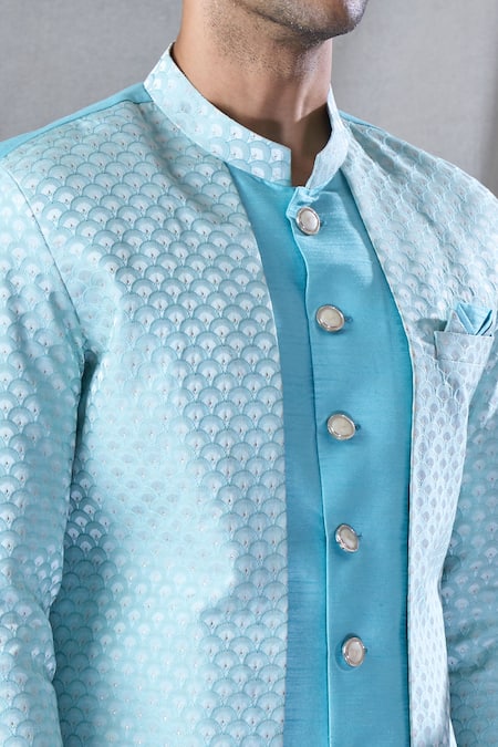 Arihant Rai Sinha_Blue Silk, Jacquard Embroidery Geometric Pattern Jacket Kurta And Dhoti Pant Set _at_Aza_Fashions