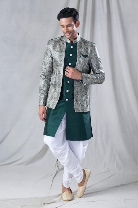 Arihant Rai Sinha Green Attached Jacket Jacquard Geometric Pattern Kurta And Dhoti Pant Set