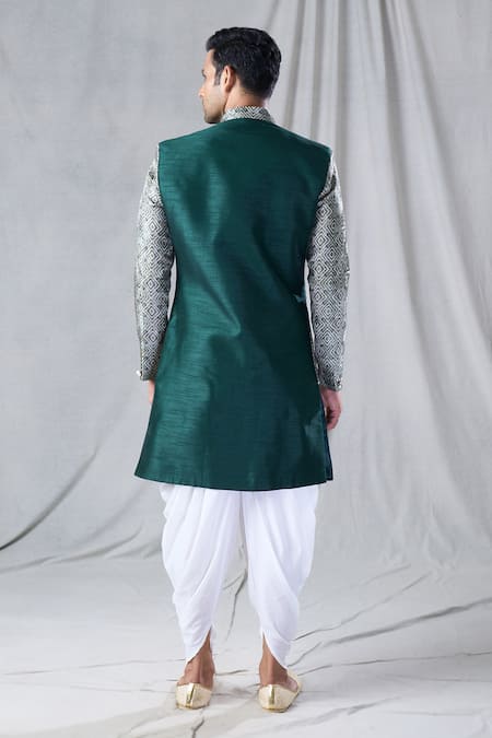 Shop Arihant Rai Sinha Green Silk, Jacquard, Cotton Geometric Pattern Kurta And Dhoti Pant Set at Aza Fashions Shop_Arihant Rai Sinha_Green Silk, Jacquard, Cotton Geometric Pattern Kurta And Dhoti Pant Set _at_Aza_Fashions