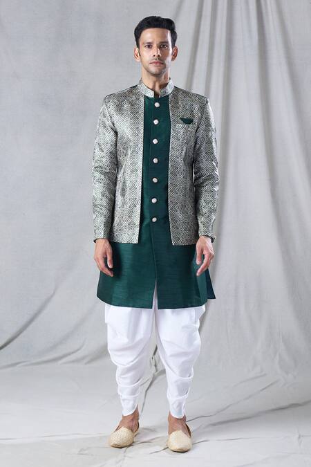 Arihant Rai Sinha Green Silk, Jacquard, Cotton Geometric Pattern Kurta And Dhoti Pant Set Online at Aza Fashions Arihant Rai Sinha_Green Silk, Jacquard, Cotton Geometric Pattern Kurta And Dhoti Pant Set _Online_at_Aza_Fashions