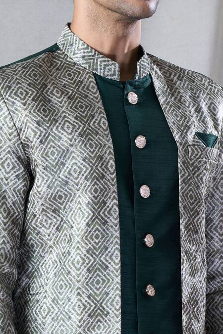 Shop Arihant Rai Sinha Green Silk, Jacquard, Cotton Geometric Pattern Kurta And Dhoti Pant Set Online at Aza Fashions Shop_Arihant Rai Sinha_Green Silk, Jacquard, Cotton Geometric Pattern Kurta And Dhoti Pant Set _Online_at_Aza_Fashions