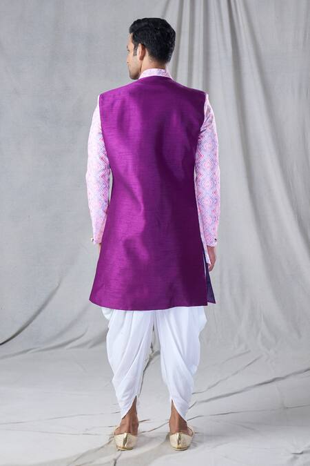 Shop Arihant Rai Sinha Purple Silk, Cotton Sequins, Embroidery And Thread Jacket Kurta & Dhoti Pant Set at Aza Fashions Shop_Arihant Rai Sinha_Purple Silk, Cotton Sequins, Embroidery And Thread Jacket Kurta & Dhoti Pant Set_at_Aza_Fashions