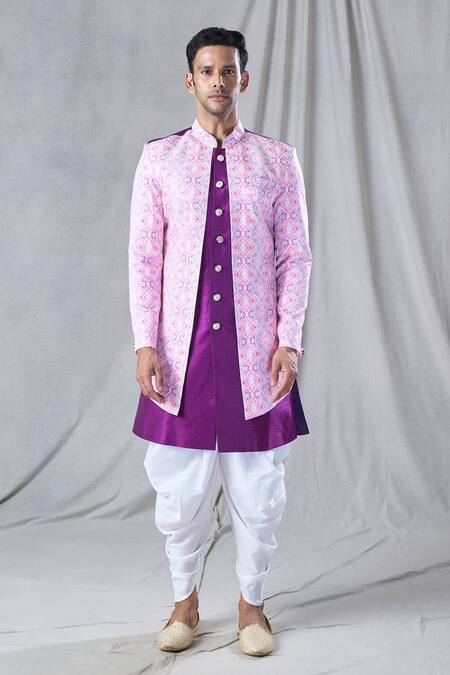 Buy Arihant Rai Sinha Purple Silk, Cotton Sequins, Embroidery And Thread Jacket Kurta & Dhoti Pant Set Online at Aza Fashions Buy_Arihant Rai Sinha_Purple Silk, Cotton Sequins, Embroidery And Thread Jacket Kurta & Dhoti Pant Set_Online_at_Aza_Fashions