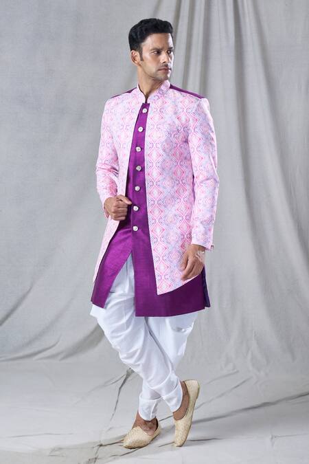 Shop Arihant Rai Sinha Purple Silk, Cotton Sequins, Embroidery And Thread Jacket Kurta & Dhoti Pant Set Online at Aza Fashions Shop_Arihant Rai Sinha_Purple Silk, Cotton Sequins, Embroidery And Thread Jacket Kurta & Dhoti Pant Set_Online_at_Aza_Fashions