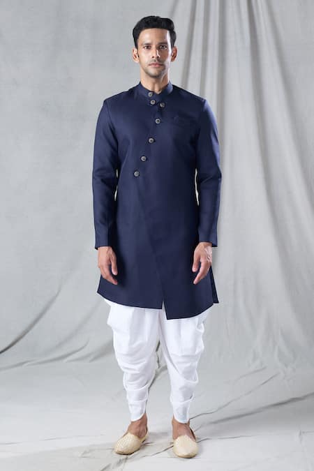 Buy_Arihant Rai Sinha_Blue Terrycloth, Silk Asymmetric Sherwani And Dhoti Pant Set _Online_at_Aza_Fashions