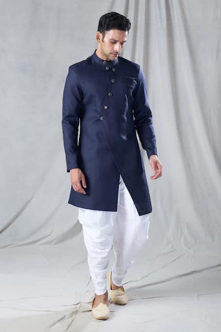 Shop_Arihant Rai Sinha_Blue Terrycloth, Silk Asymmetric Sherwani And Dhoti Pant Set _Online_at_Aza_Fashions