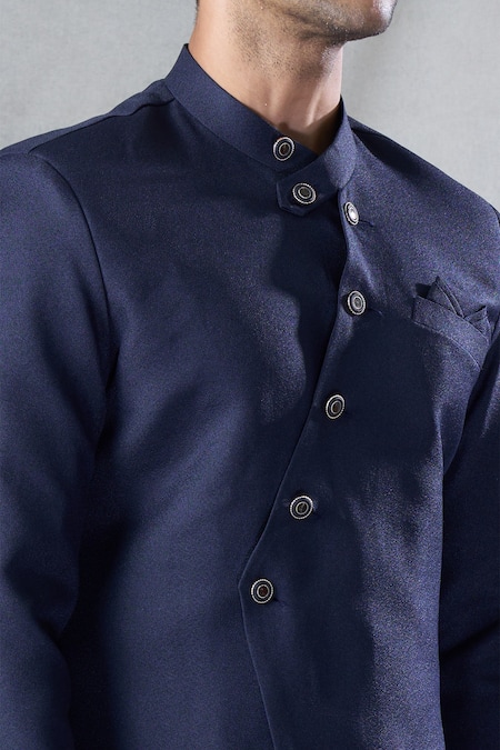 Arihant Rai Sinha_Blue Terrycloth, Silk Asymmetric Sherwani And Dhoti Pant Set _at_Aza_Fashions