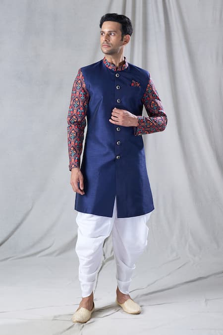 Arihant Rai Sinha Blue Sherwani Silk Printed Floral Sleeve And Dhoti Pant Set 