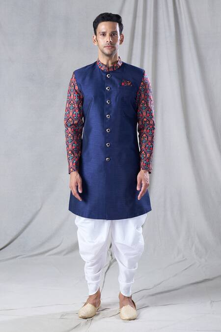Buy_Arihant Rai Sinha_Blue Silk Embroidery Floral Print Sleeve Sherwani And Dhoti Pant Set _Online_at_Aza_Fashions