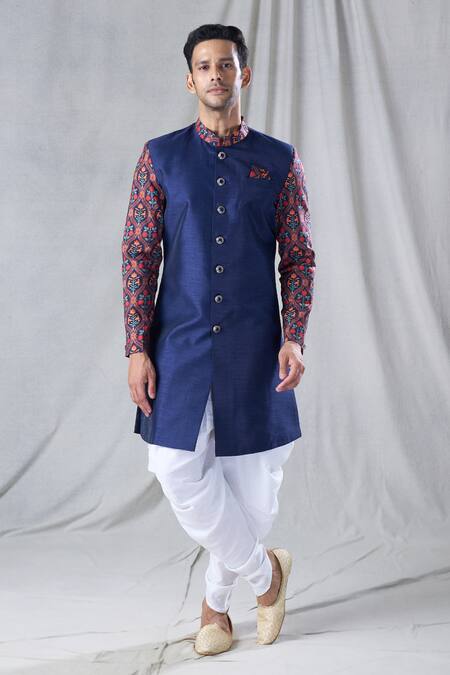 Shop_Arihant Rai Sinha_Blue Silk Embroidery Floral Print Sleeve Sherwani And Dhoti Pant Set _Online_at_Aza_Fashions
