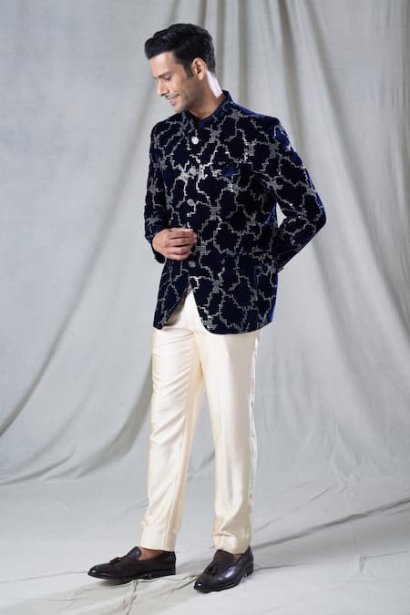 Arihant Rai Sinha_Blue Velvet, Terrycloth Sequins Embroidered Bandhgala And Pant Set _Online_at_Aza_Fashions