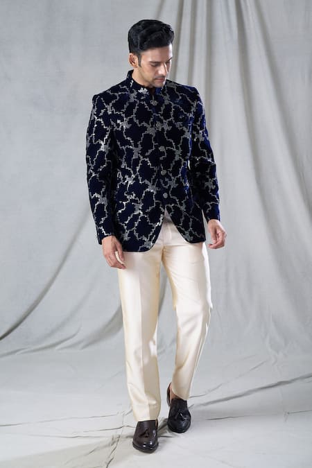 Buy_Arihant Rai Sinha_Blue Velvet, Terrycloth Sequins Embroidered Bandhgala And Pant Set _Online_at_Aza_Fashions