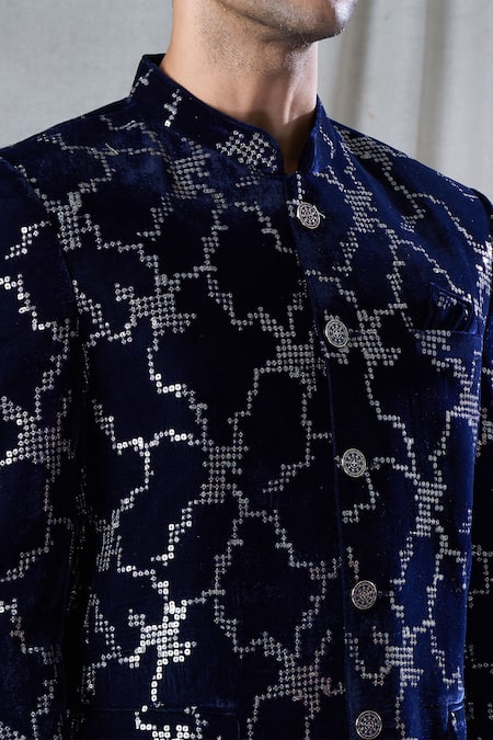 Shop_Arihant Rai Sinha_Blue Velvet, Terrycloth Sequins Embroidered Bandhgala And Pant Set _Online_at_Aza_Fashions