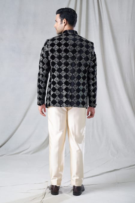 Shop Arihant Rai Sinha Black Velvet, Terrycloth Sequins Embroidered Bandhgala And Pant Set at Aza Fashions Shop_Arihant Rai Sinha_Black Velvet, Terrycloth Sequins Embroidered Bandhgala And Pant Set _at_Aza_Fashions