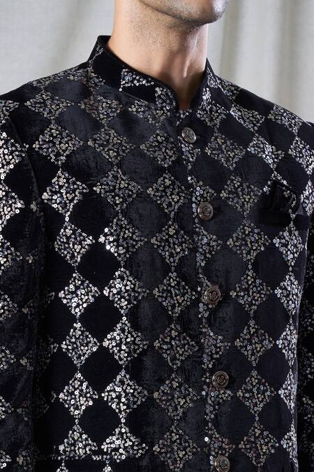 Buy Arihant Rai Sinha Black Velvet, Terrycloth Sequins Embroidered Bandhgala And Pant Set Online at Aza Fashions Buy_Arihant Rai Sinha_Black Velvet, Terrycloth Sequins Embroidered Bandhgala And Pant Set _Online_at_Aza_Fashions