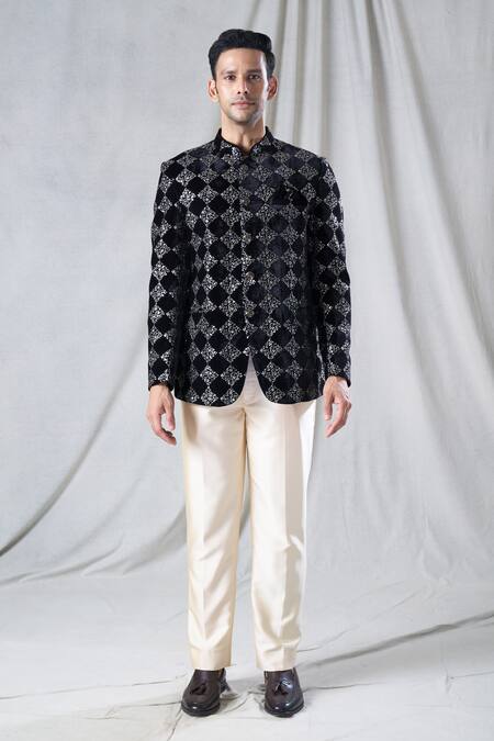 Shop Arihant Rai Sinha Black Velvet, Terrycloth Sequins Embroidered Bandhgala And Pant Set Online at Aza Fashions Shop_Arihant Rai Sinha_Black Velvet, Terrycloth Sequins Embroidered Bandhgala And Pant Set _Online_at_Aza_Fashions