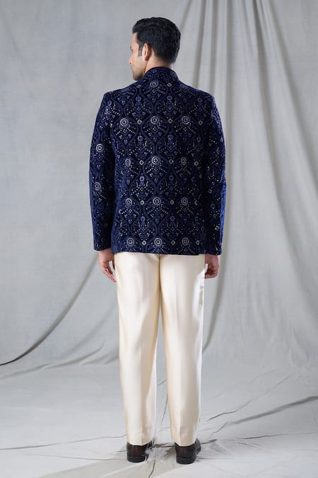 Shop Arihant Rai Sinha Blue Velvet, Rayon Sequins Work Bandhgala And Pant Set at Aza Fashions Shop_Arihant Rai Sinha_Blue Velvet, Rayon Sequins Work Bandhgala And Pant Set _at_Aza_Fashions